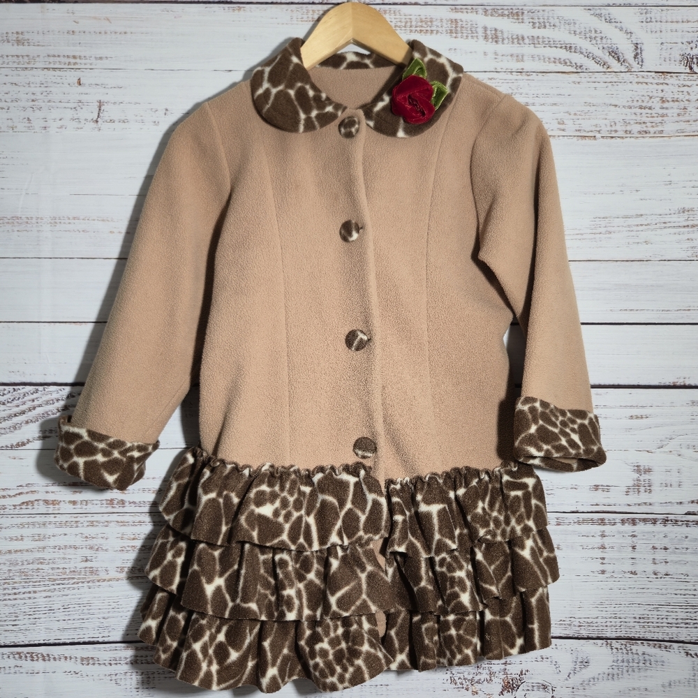 Peaches N' Cream Beige Brown Giraffe Print Trim Rose Girls Fleece Coat Sz 8